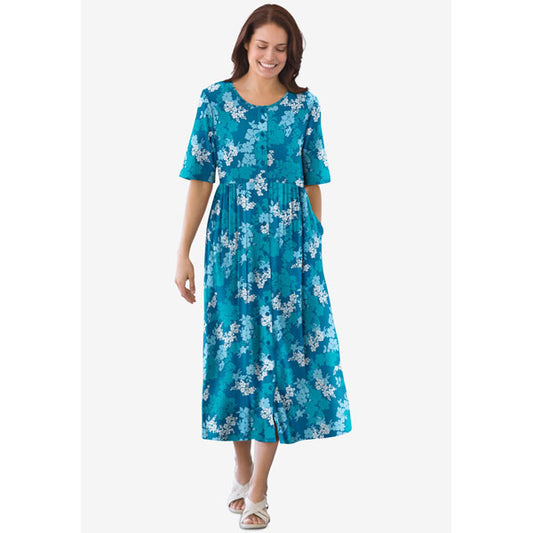 Deep Teal Graphic Bloom Button Front Essential Dress PSW-9079