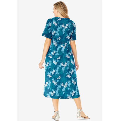 Deep Teal Graphic Bloom Button Front Essential Dress PSW-9079