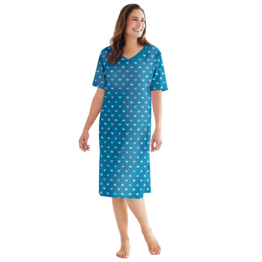 Close-up of teal heart cotton fabric with ribbed V-neck detail