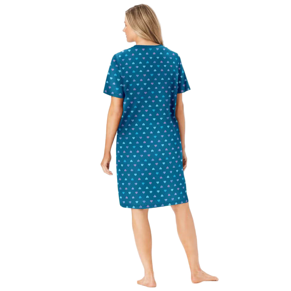 Close-up of teal heart cotton fabric with ribbed V-neck detail