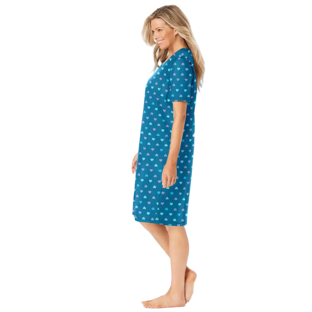 Close-up of teal heart cotton fabric with ribbed V-neck detail
