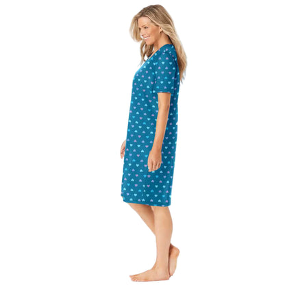 Close-up of teal heart cotton fabric with ribbed V-neck detail