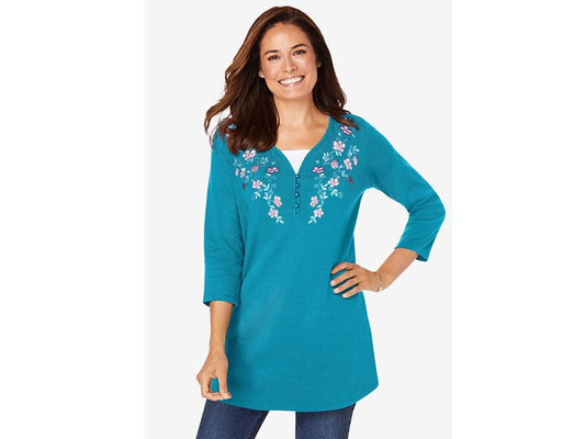 Deep Teal Layered-Look Embroidered Henley Tunic PSW-7220