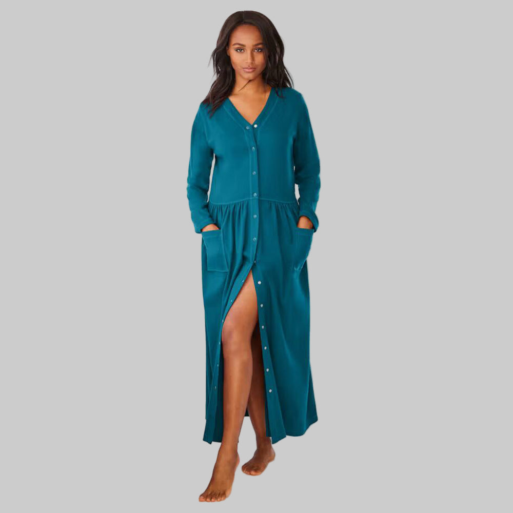 Women’s Deep Teal knit lounger with long sleeves, snap-front closure, and patch pockets.