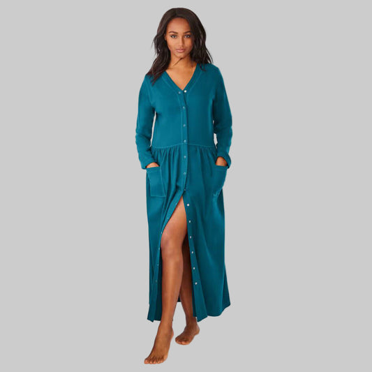 Women’s Deep Teal knit lounger with long sleeves, snap-front closure, and patch pockets.
