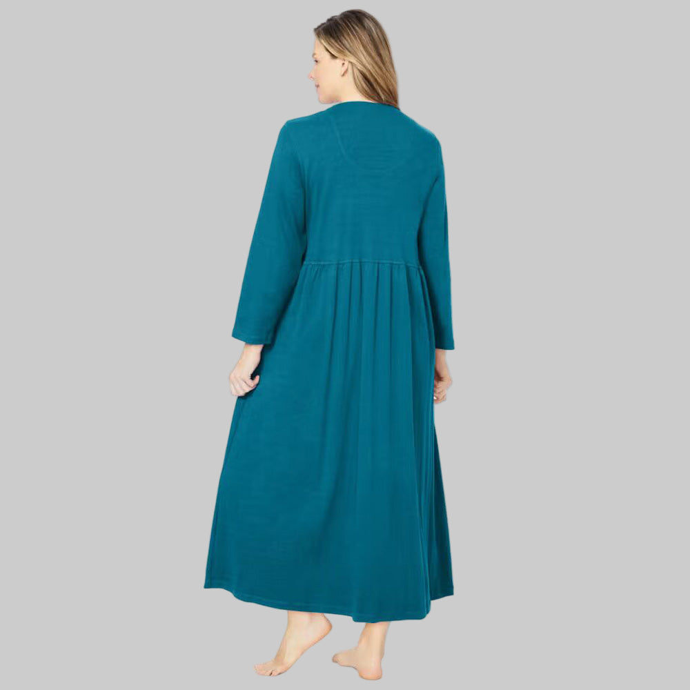 Women’s Deep Teal knit lounger with long sleeves, snap-front closure, and patch pockets.