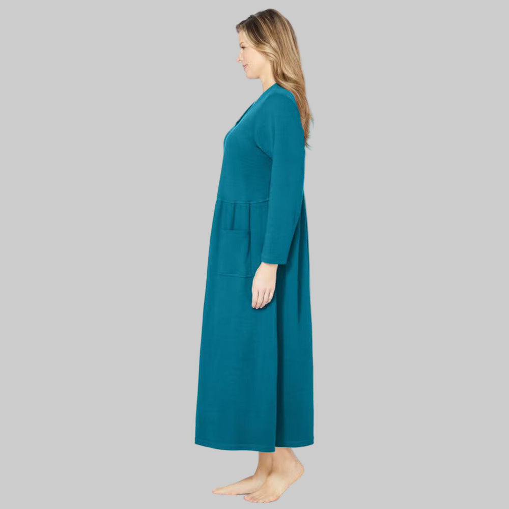 Women’s Deep Teal knit lounger with long sleeves, snap-front closure, and patch pockets.