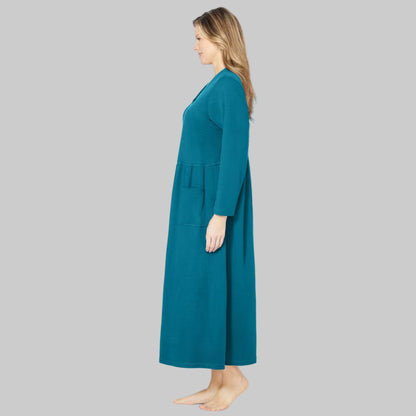 Women’s Deep Teal knit lounger with long sleeves, snap-front closure, and patch pockets.