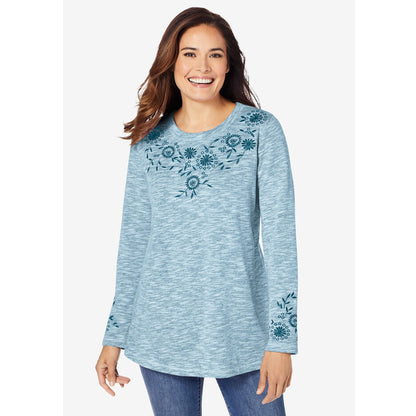 Deep Teal Marled Embroidery Floral Sweatshirt PSW-8672