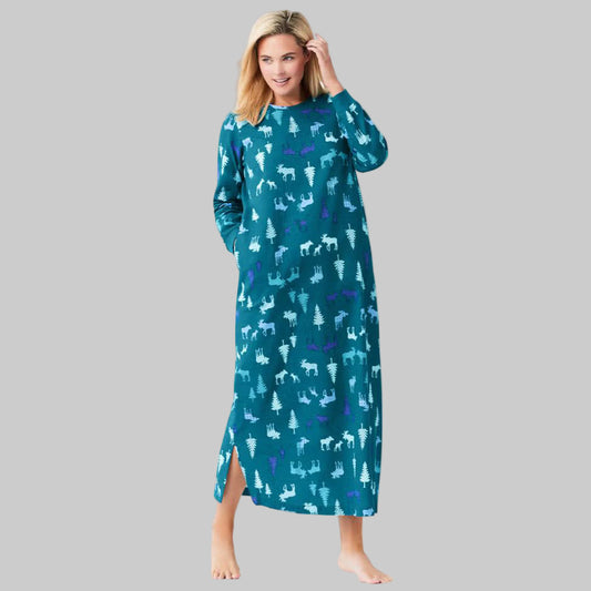Women’s plus-size deep teal cotton flannel lounger with moose print, long sleeves, ribbed cuffs, side pockets, and ankle-length relaxed fit.