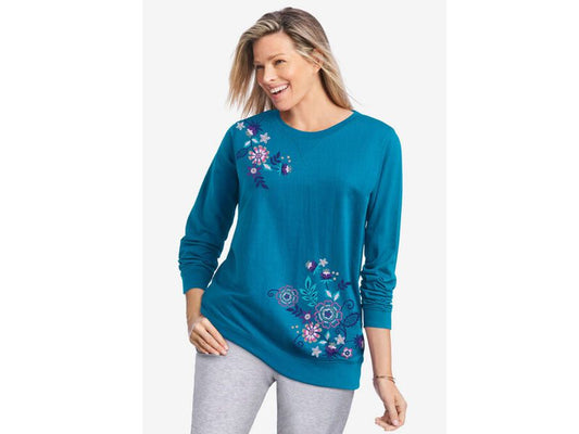 Deep Teal Multi Floral Embroidery French Terry Sweatshirt PSW-7212