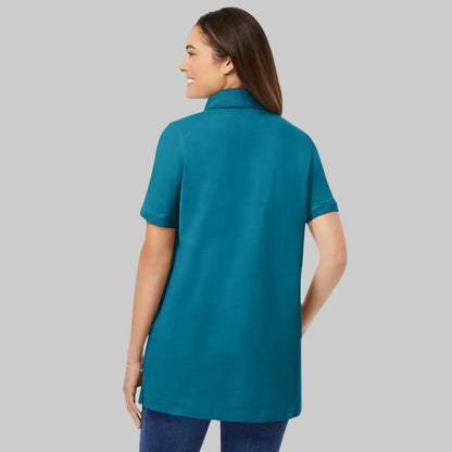 Deep teal plus-size short-sleeve polo shirt with a classic collar, relaxed fit, and 28-inch length made from soft, breathable cotton fabric.