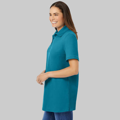 Deep teal plus-size short-sleeve polo shirt with a classic collar, relaxed fit, and 28-inch length made from soft, breathable cotton fabric.