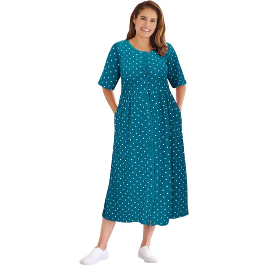 Deep Teal Polka Dot Button-Front Dress – Relaxed Fit with Gathered Waist