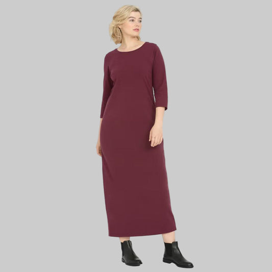 Plus-size model wearing Deep Wine Three-Quarter Sleeve Knit Maxi Dress