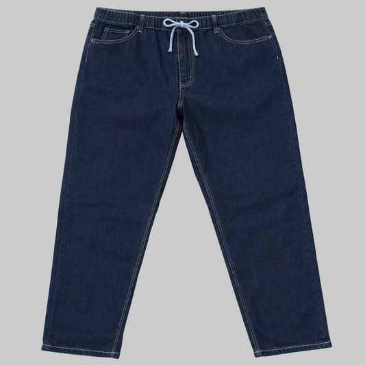 Dark blue denim jogger pants with elastic waistband, drawstring closure, and straight-leg fit on a white background.