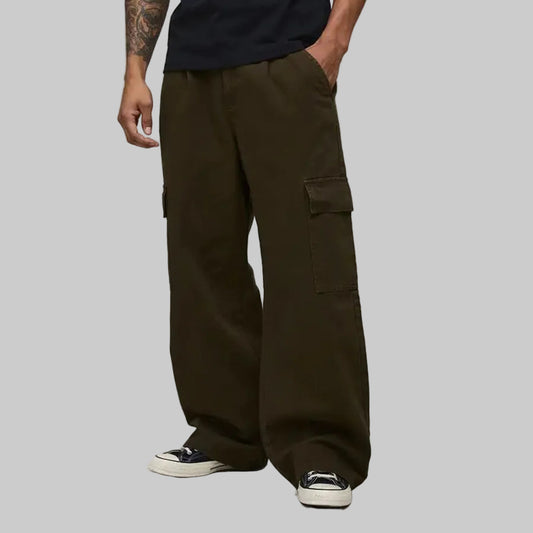 Men’s deep olive wide-leg cargo pants with relaxed fit and side pockets