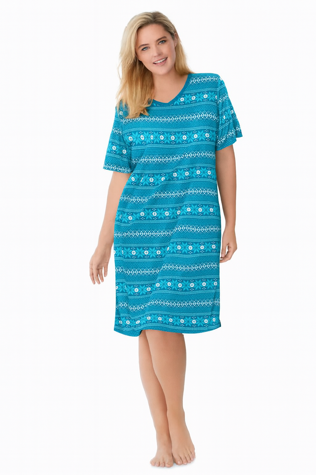 Deep Teal Fair Isle Short Print Sleepshirt with festive patterned design, ribbed V-neck, short sleeves, and A-line silhouette – women’s 40-inch cotton sleepwear.