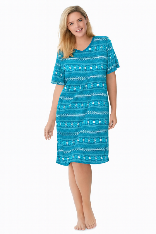 Deep Teal Fair Isle Short Print Sleepshirt with festive patterned design, ribbed V-neck, short sleeves, and A-line silhouette – women’s 40-inch cotton sleepwear.