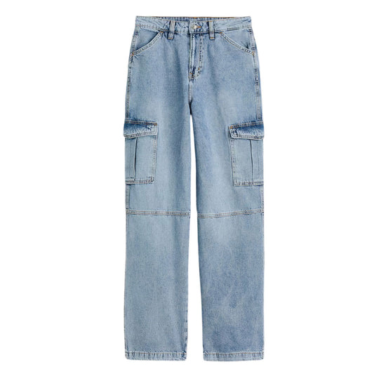 High-waist relaxed-fit baggy cargo jeans in denim blue with flap pockets