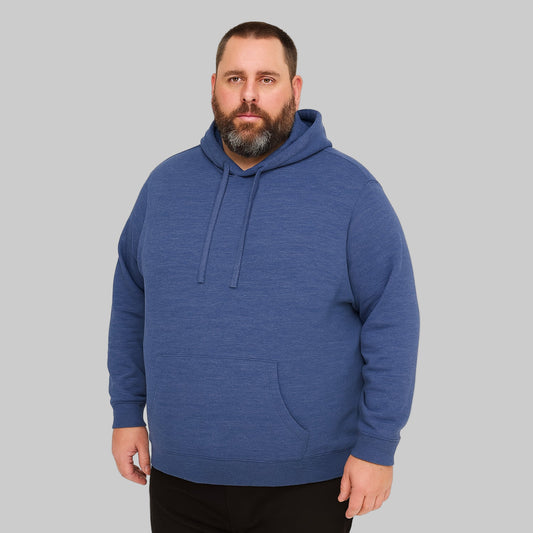 Denim blue men’s fleece pullover hoodie with drawstring hood, kangaroo pocket, and ribbed cuffs — soft and comfortable casual wear.