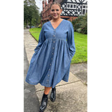 Denim Blue Smock Button Front Dress PSW-8863