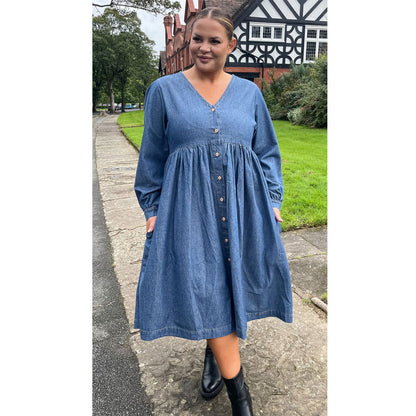 Denim Blue Smock Button Front Dress PSW-8863