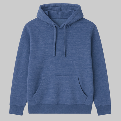 Denim blue men’s fleece pullover hoodie with drawstring hood, kangaroo pocket, and ribbed cuffs — soft and comfortable casual wear.