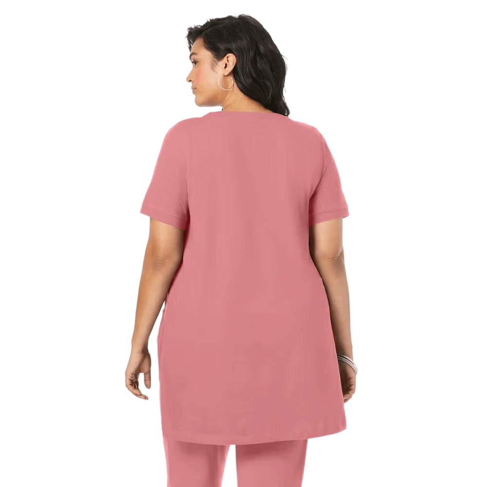 Desert Rose Two Pocket Soft Knit Tunic with short sleeves, scoop neckline, and two front pockets, designed for comfort and style in soft, breathable fabric.







