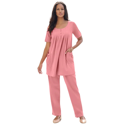 Desert Rose Two Pocket Soft Knit Tunic with short sleeves, scoop neckline, and two front pockets, designed for comfort and style in soft, breathable fabric.







