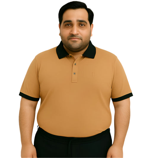 Desert Tan & Black Tipped Collar Polo Shirt – Front View on Plus-Size Model
