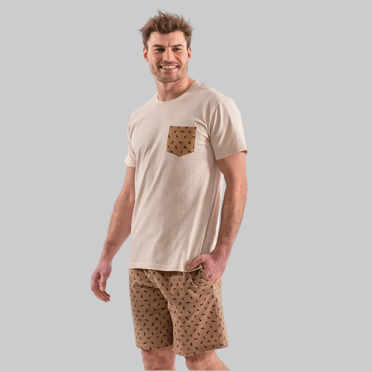 Man wearing a Desert Beige Big & Tall printed pocket crewneck T-shirt with matching printed lounge shorts.