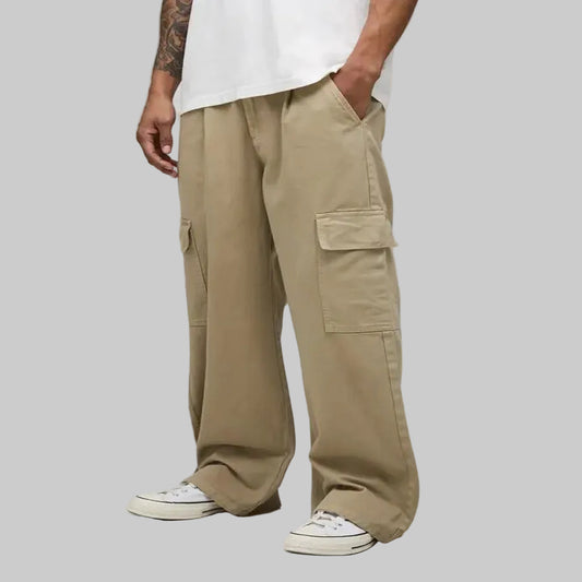 Men’s desert khaki wide-leg cargo pants with relaxed fit and utility pockets