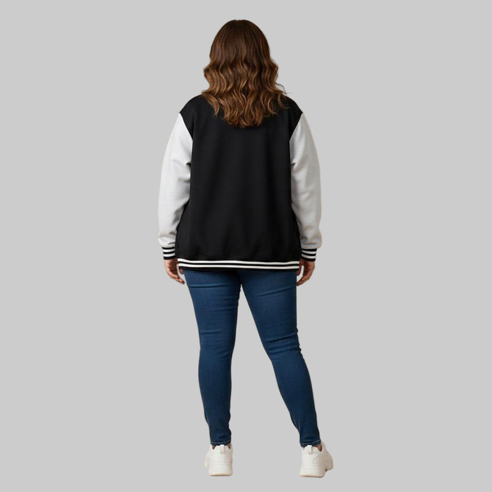 Plus-size male and female models wearing black and grey dual-tone varsity fleece jackets with striped cuffs and collars, photographed in studio.