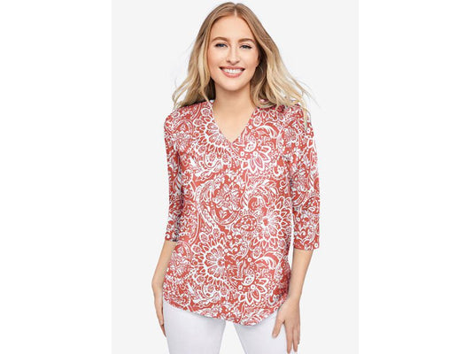 Dusty Coral Scroll Medallion V-Neck Tee PSW-6912