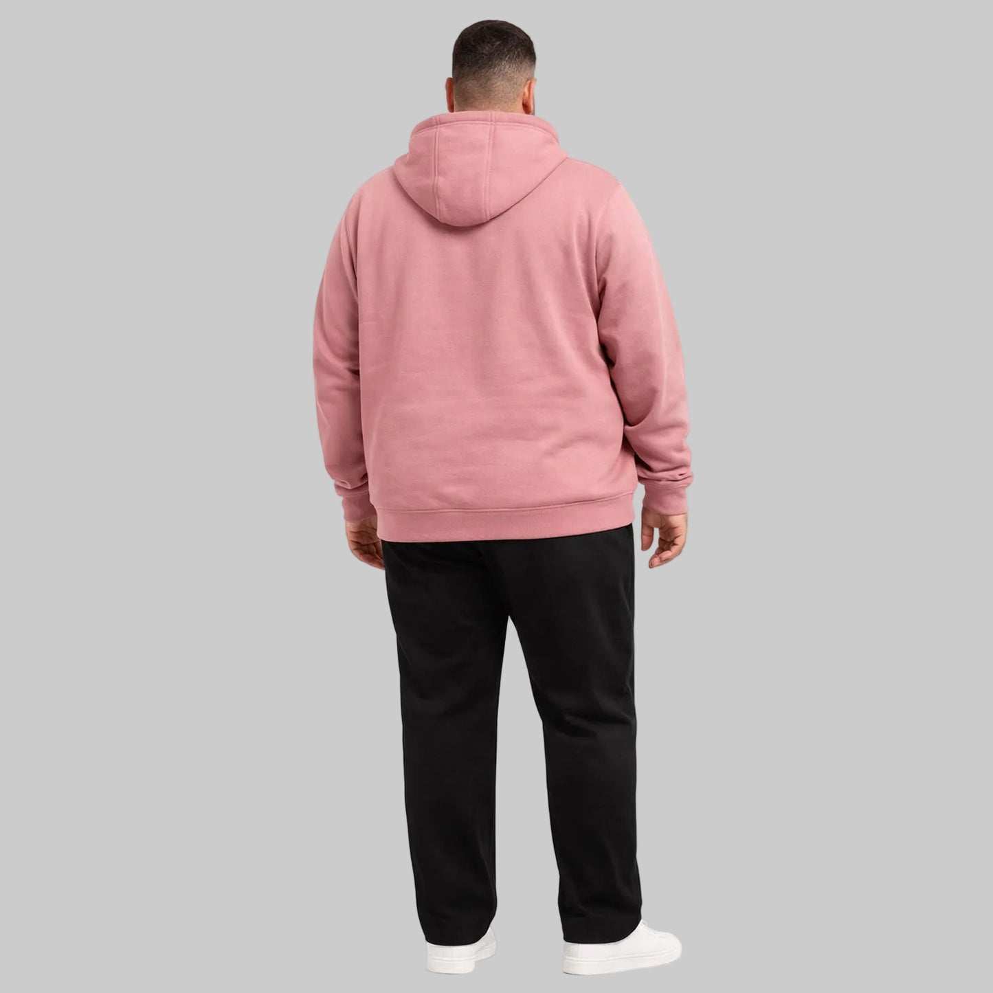 Dusty rose classic full-zip fleece hoodie worn by plus-size male model, front view