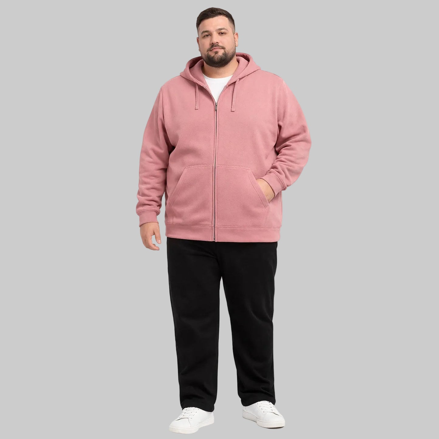 Dusty rose classic full-zip fleece hoodie worn by plus-size male model, front view