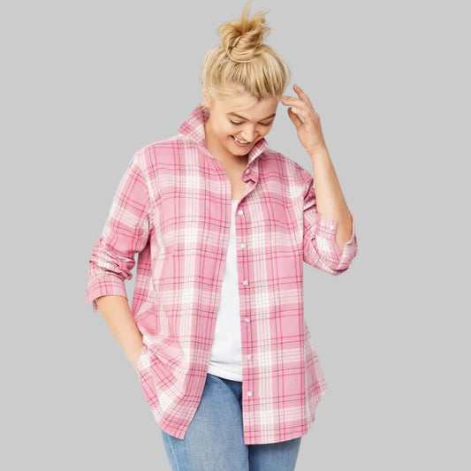 Women's dusty pink plaid cotton flannel shirt with collar and button front.