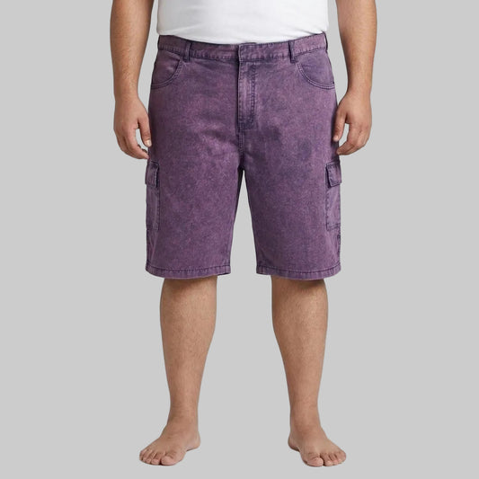 Men's Dusty Purple twill cotton cargo shorts with utility flap pockets, stone-washed finish, regular fit, and durable casual outdoor design.