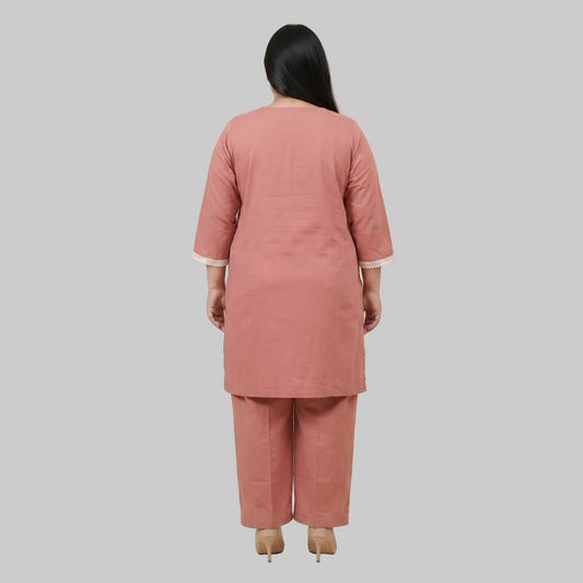 Dusty Rose cotton lawn lace trim co-ord set for women with elegant two-piece summer outfit crafted from breathable cotton lawn fabric.