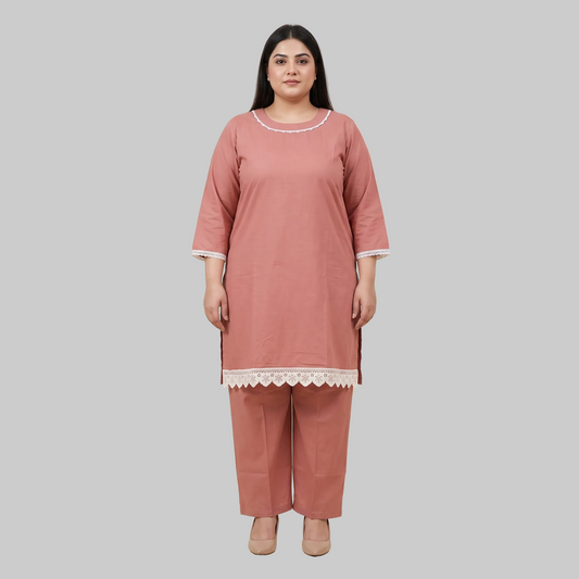 Dusty Rose cotton lawn lace trim co-ord set for women with elegant two-piece summer outfit crafted from breathable cotton lawn fabric.