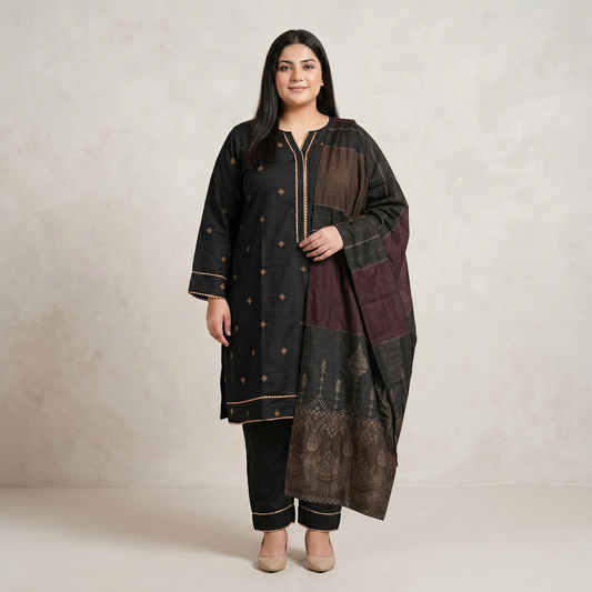 Woman wearing a traditional outfit with a long jacket and pants on a plain background