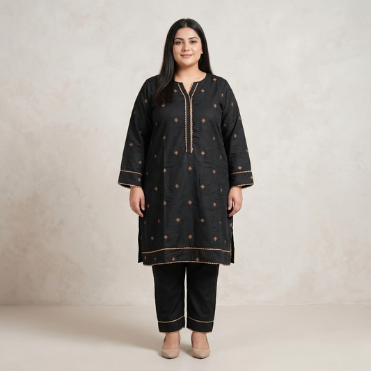 Woman wearing a black traditional outfit with gold embroidery on a beige background