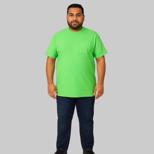 Plus-size Pakistani male model wearing Electric Green crewneck T-shirt with pocket on a light-gray background, relaxed fit casual wear.