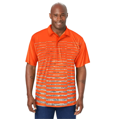 Man wearing an Electric Orange polo shirt with a digital ombre stripe pattern across the front. The shirt features short sleeves, a soft collar, and moisture-wicking performance fabric.

