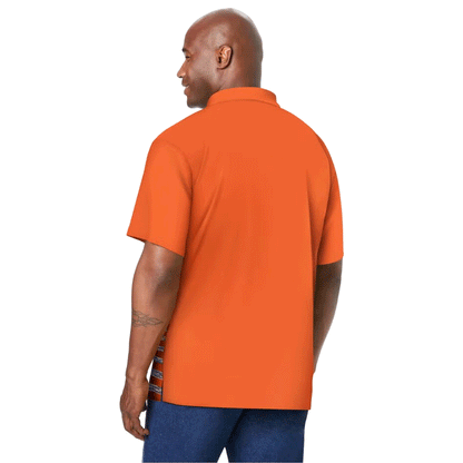 Man wearing an Electric Orange polo shirt with a digital ombre stripe pattern across the front. The shirt features short sleeves, a soft collar, and moisture-wicking performance fabric.
