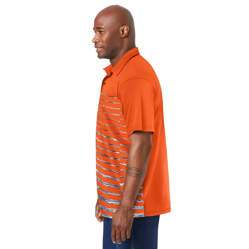 Man wearing an Electric Orange polo shirt with a digital ombre stripe pattern across the front. The shirt features short sleeves, a soft collar, and moisture-wicking performance fabric.
