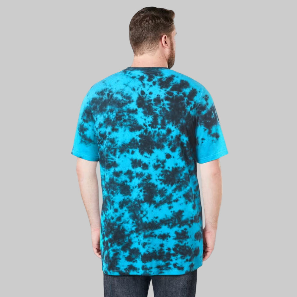 Plus-size Pakistani male model wearing Electric Turquoise Marble crewneck T-shirt on light background, relaxed fit casual wear.