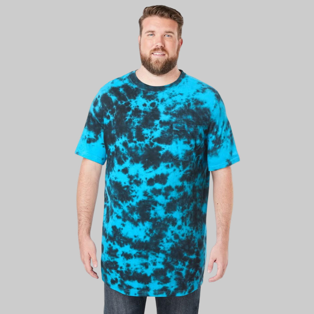 Plus-size Pakistani male model wearing Electric Turquoise Marble crewneck T-shirt on light background, relaxed fit casual wear.