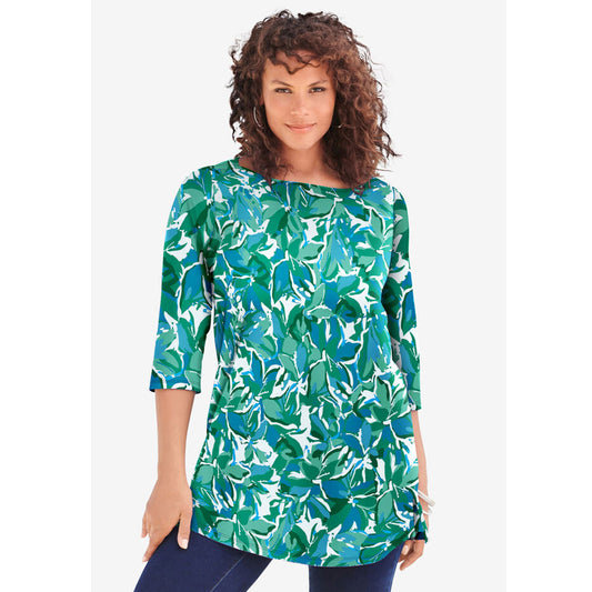 Emerald Fresh Floral Boatneck Ultimate Tunic with Side Slits PSW-8132